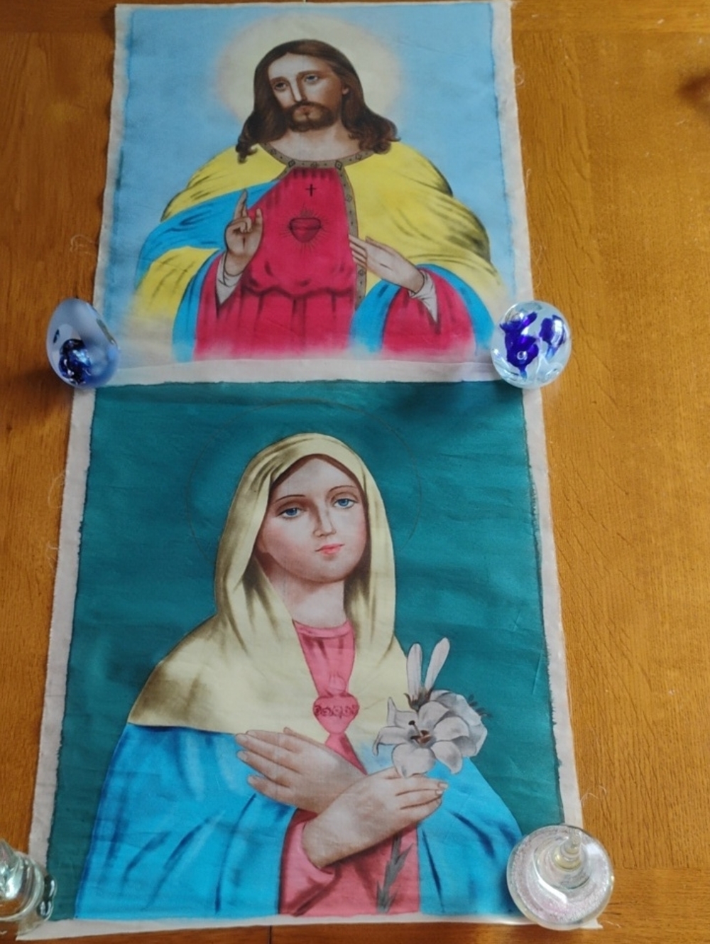 Sacred Heart of Jesus and Immaculate Heart of Mary Vintage Fabric Paintings Pair